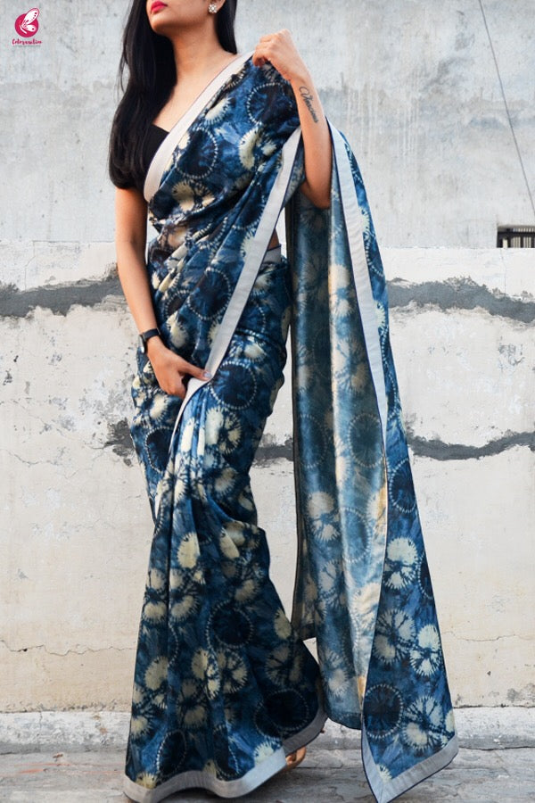 Blue &amp; Grey Printed Silk Border Saree