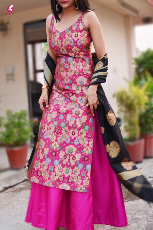 Magenta Banarasi Padded Kurta with Skirt and Dupatta