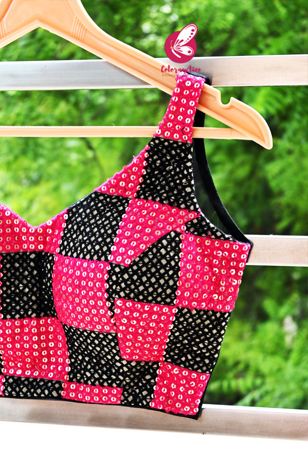 Pink &amp; Black Embroidered Fancy Padded Sheer Back Blouse
