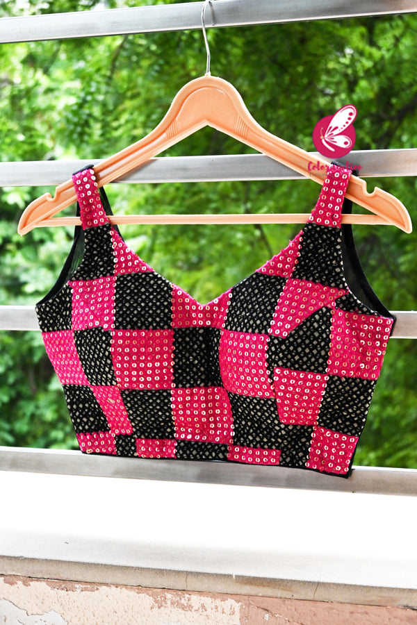 Pink & Black Embroidered Fancy Padded Sheer Back Blouse