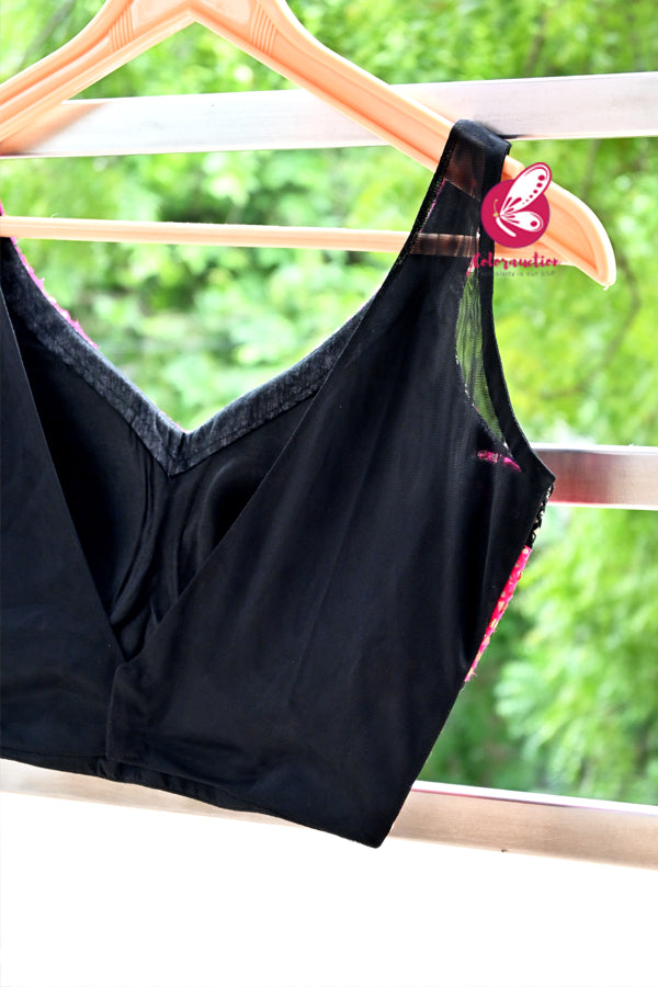 Pink &amp; Black Embroidered Fancy Padded Sheer Back Blouse