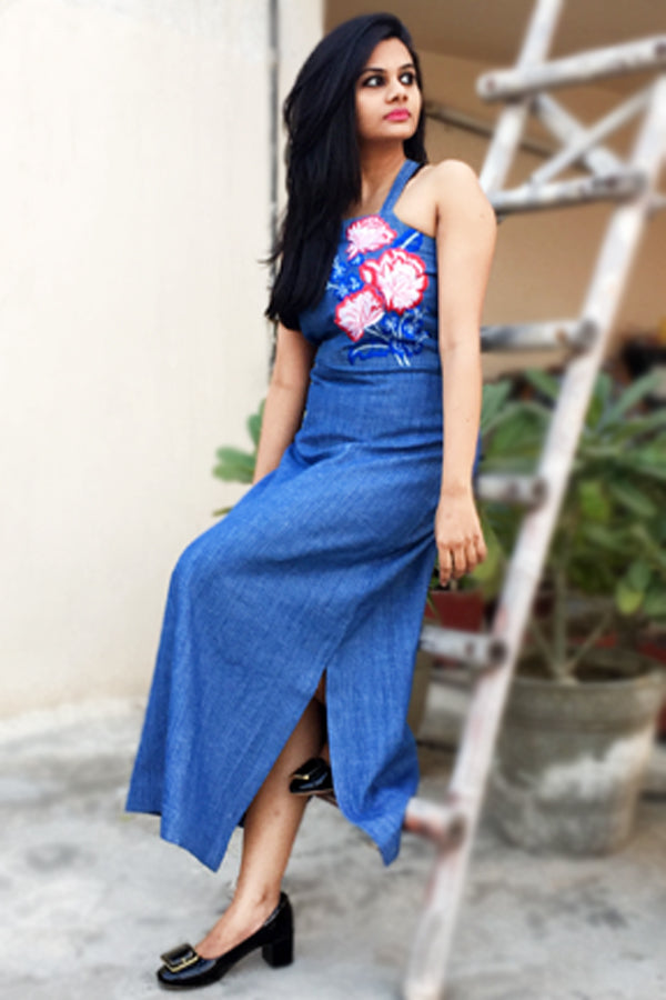 Blue Denim Maxi Straight Dress
