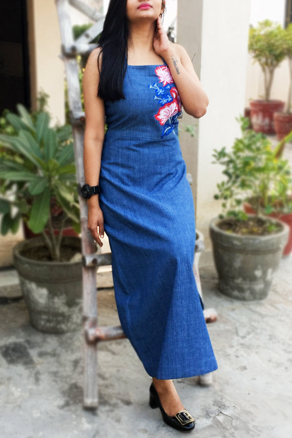 Blue Denim Maxi Straight Dress