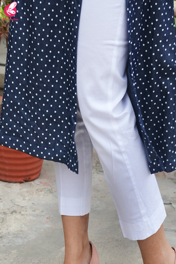 Printed Navy Blue Denim Front Slit Kurti with White Cotton Silk Pants