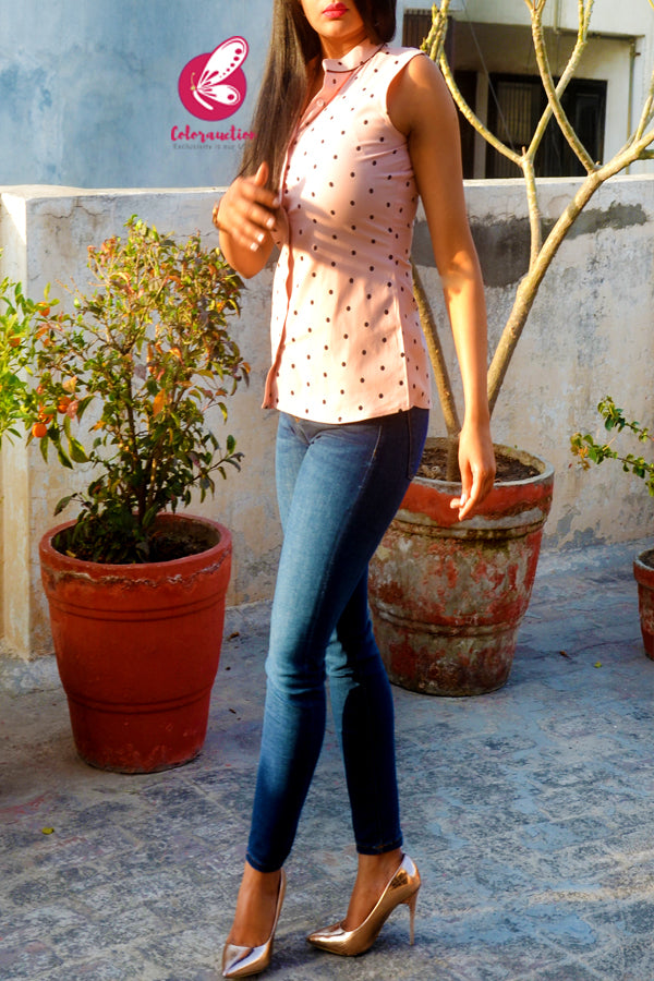 Light Peach Pink Polka Dots Printed Sleevesless Shirt