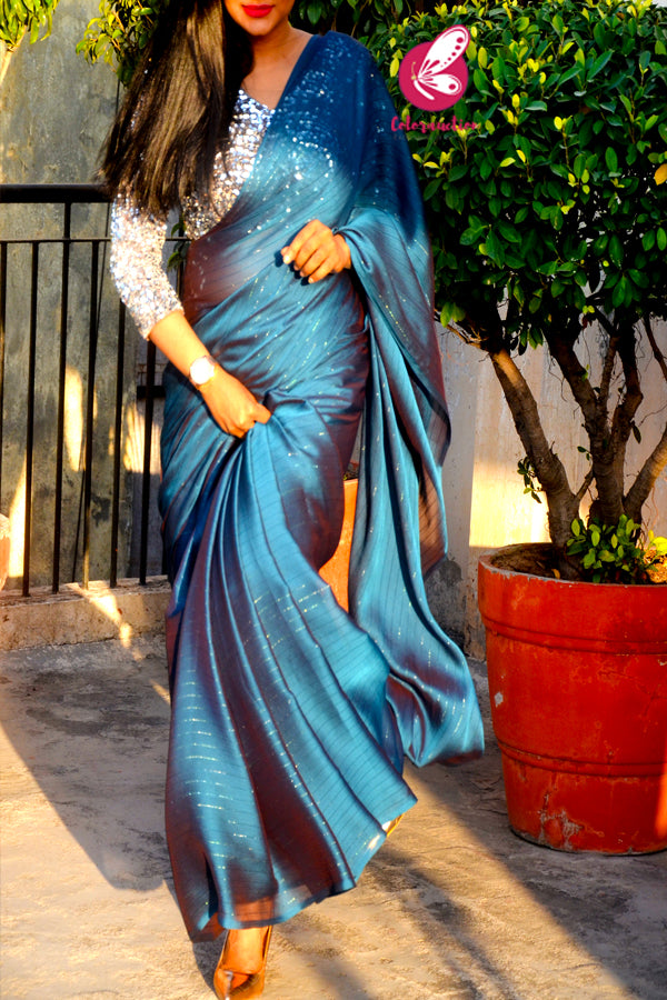 Teal Blue Satin Georgette Fancy Saree