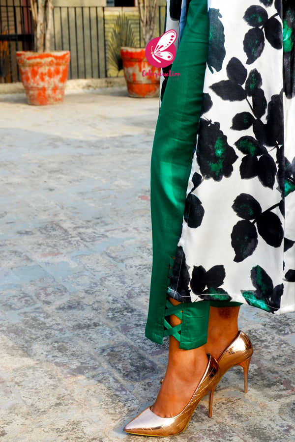 White &amp; Green Printed Satin Floral Kurti with Green Cotton Silk Pants Kurti Set