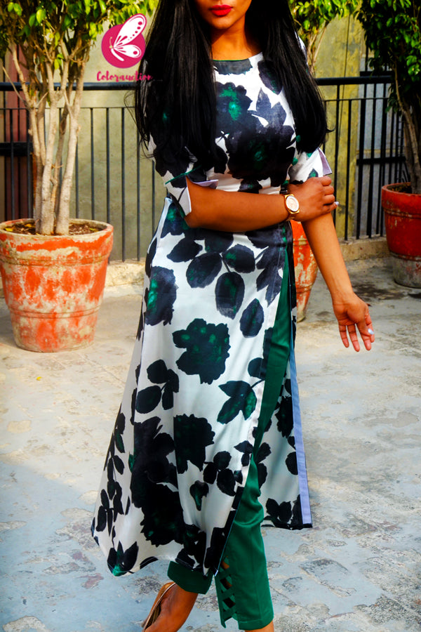 White &amp; Green Printed Satin Floral Kurti with Green Cotton Silk Pants Kurti Set