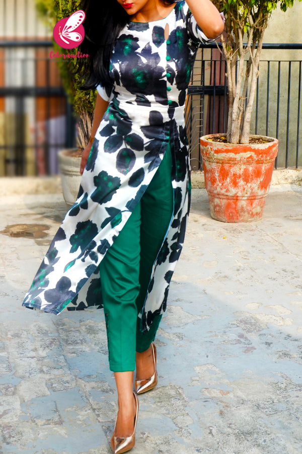 White & Green Printed Satin Floral Kurti with Green Cotton Silk Pants Kurti Set