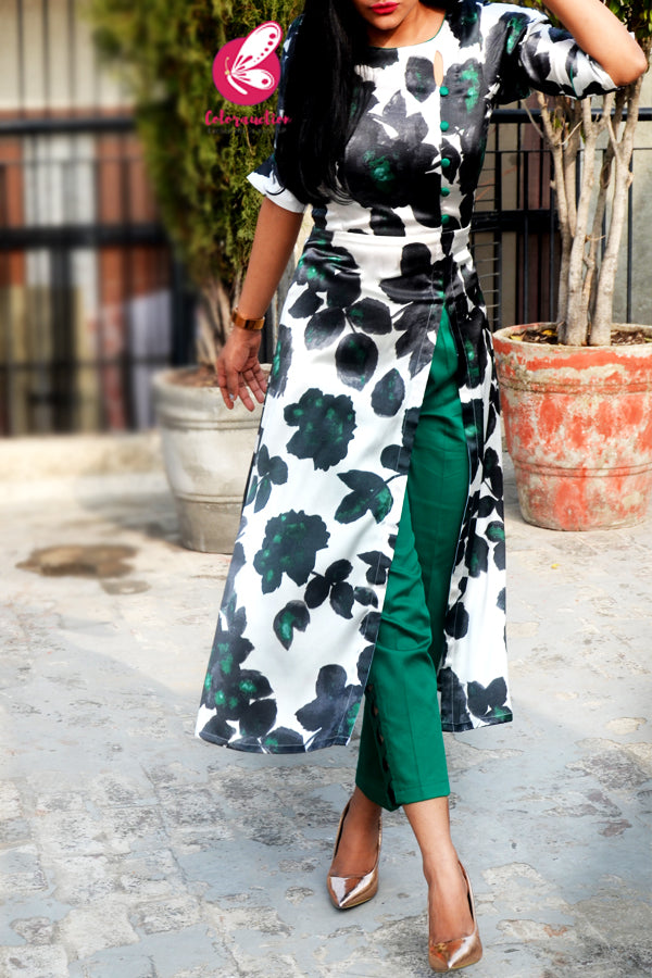 White &amp; Green Printed Satin Floral Kurti with Green Cotton Silk Pants Kurti Set