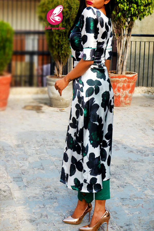 White & Green Printed Satin Floral Kurti with Green Cotton Silk Pants Kurti Set
