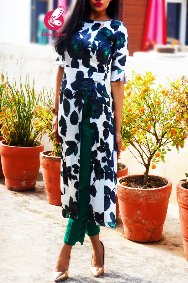 White &amp; Green Printed Satin Floral Kurti with Green Cotton Silk Pants Kurti Set