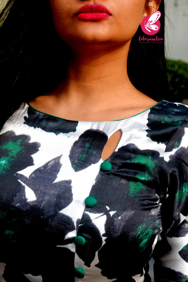 White &amp; Green Printed Satin Floral Kurti with Green Cotton Silk Pants Kurti Set