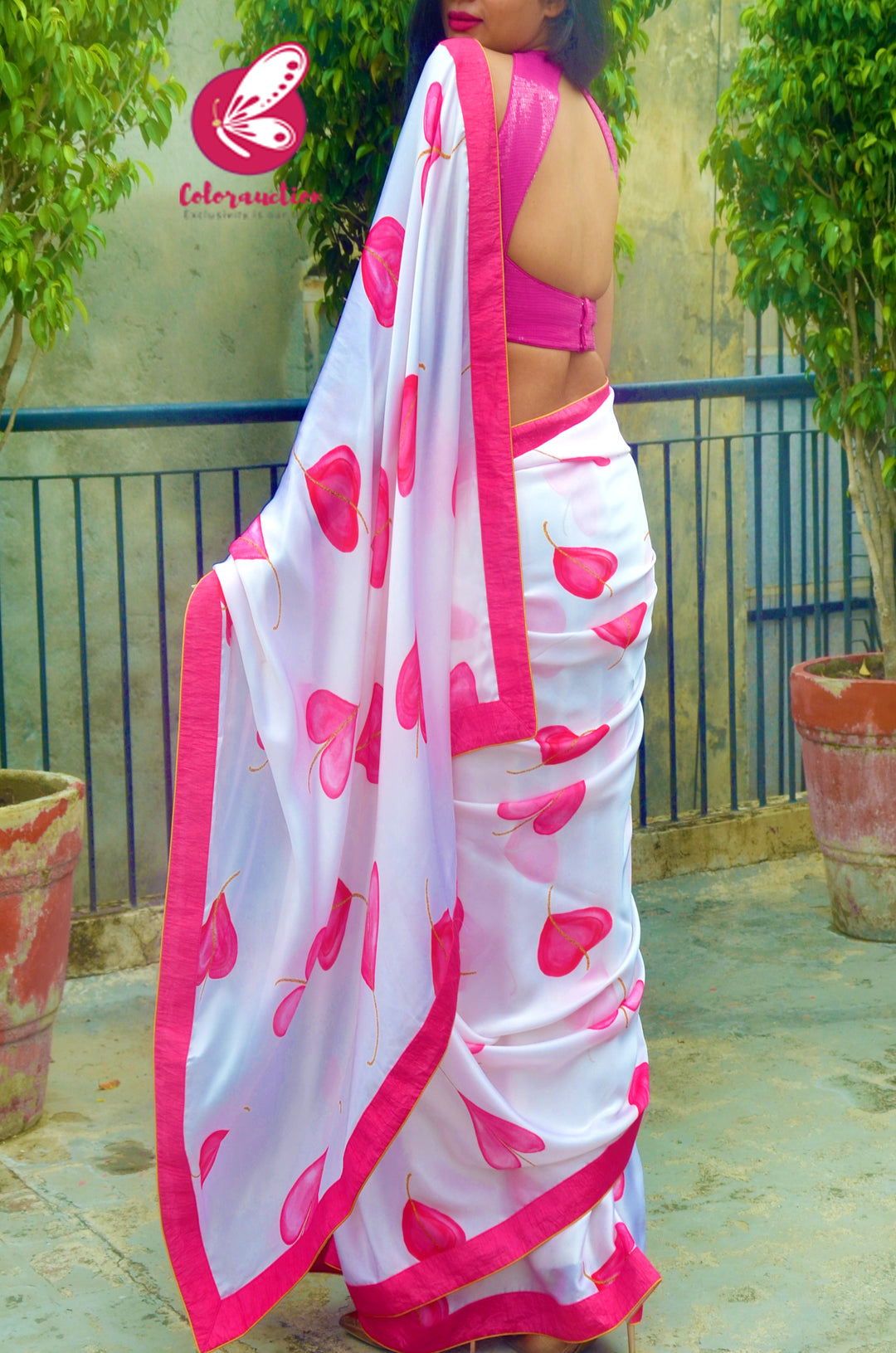 Pink &amp; White Satin Georgette Printed Dupion Taping Piping Saree