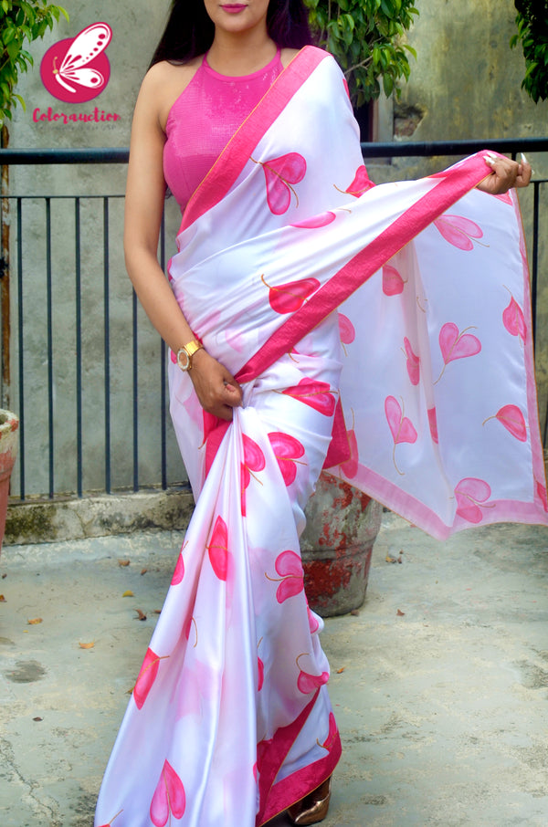 Pink & White Satin Georgette Printed Dupion Taping Piping Saree