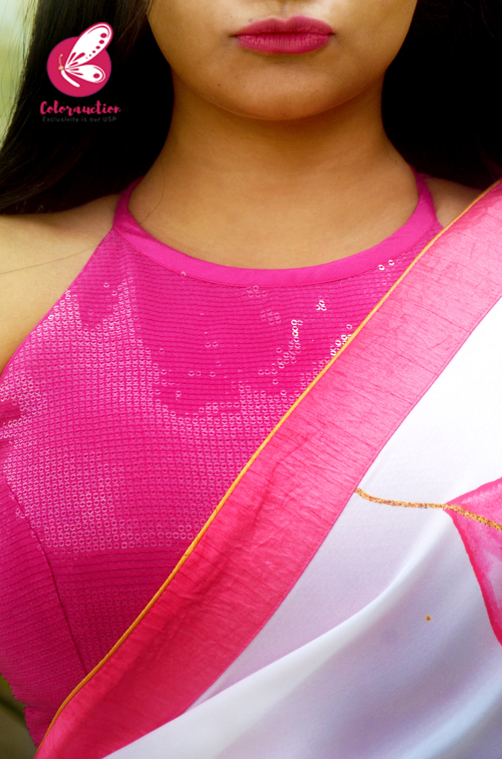Pink & White Satin Georgette Printed Dupion Taping Piping Saree