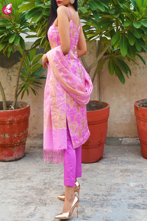 Pink Golden Crushed Brocade Padded Strappy Kurti with Pink Cotton Silk Pants and Pink Golden Chanderi Dupatta