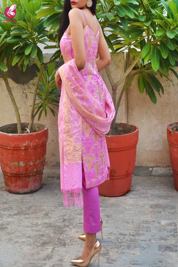 Pink Golden Crushed Brocade Padded Strappy Kurti with Pink Cotton Silk Pants and Pink Golden Chanderi Dupatta