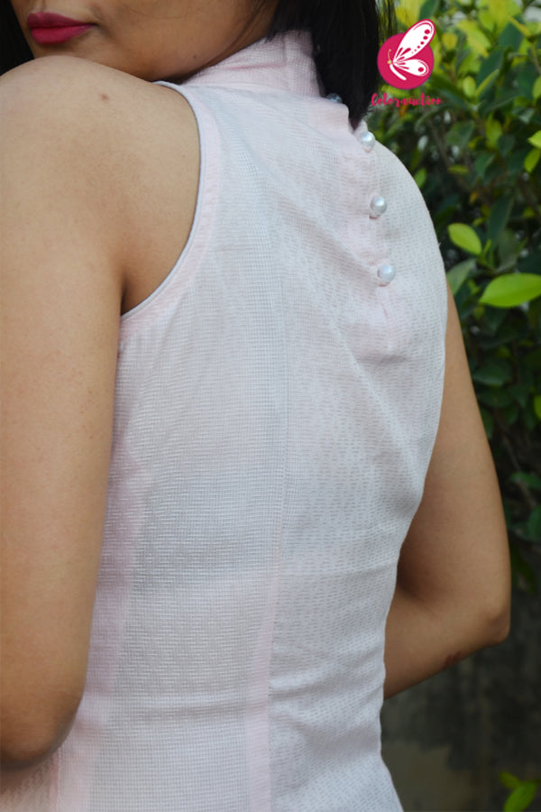 Baby Pink Dobby Sleeveless Back Button Halter Neck Kurti