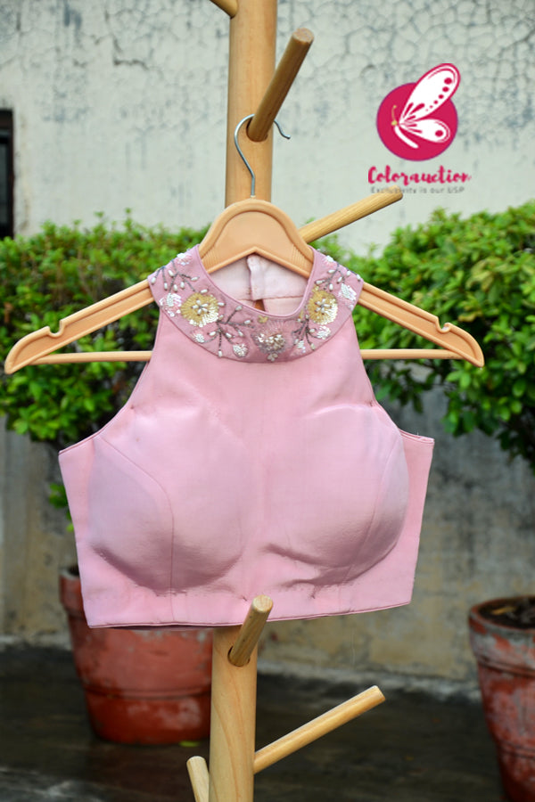 Baby Pink Crepe Sequins Handwork Padded Blouse