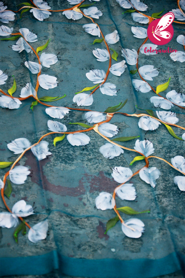 Teal Green Organza Hand painted Floral Stole