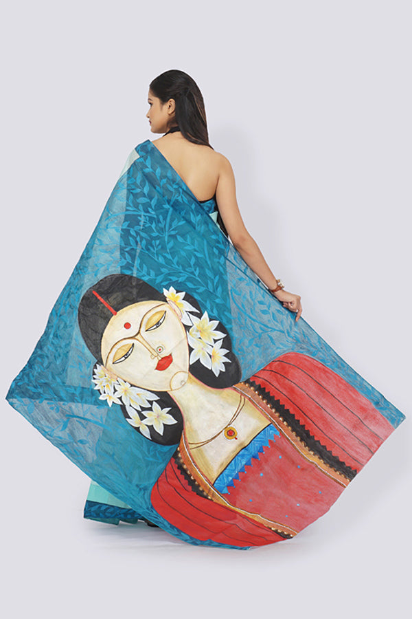 Sky Blue Organdy Handpainted Saree