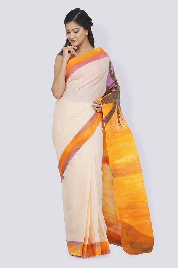 Light Peach Organdy Handpainted Saree