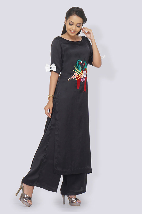 Black Poly Satin Embroidered Straight Kurti Set