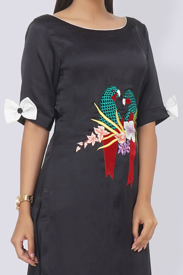 Black Poly Satin Embroidered Straight Kurti Set