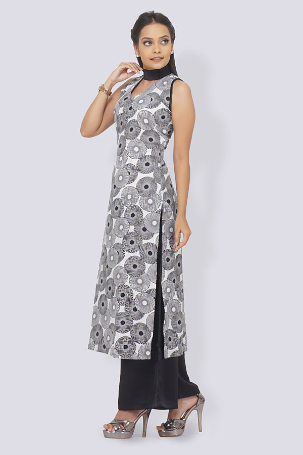 White Crepe Printed Straight Kurti