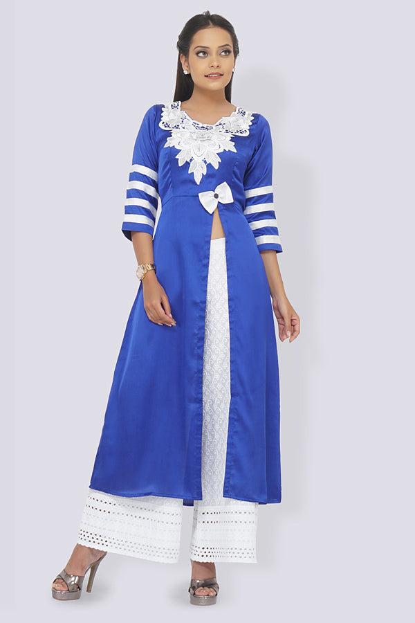 Blue Satin Patched A-Line Kurti