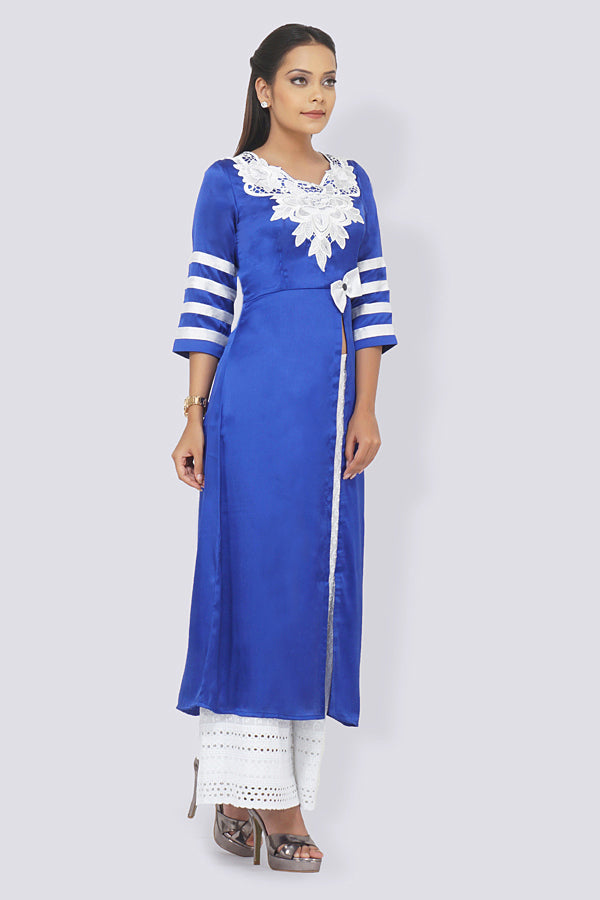 Blue Satin Patched A-Line Kurti