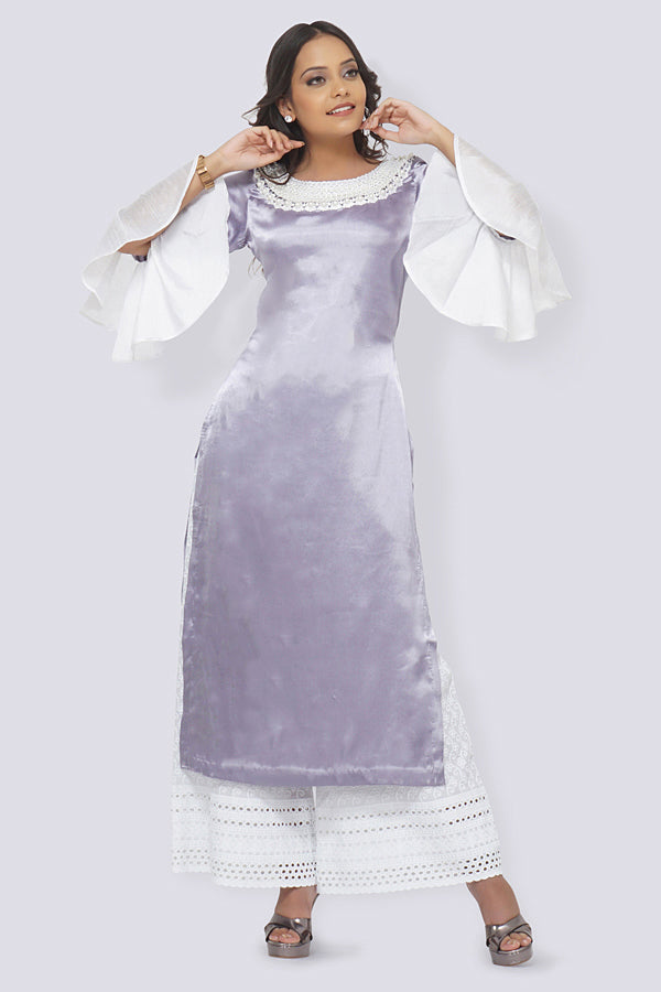 Light Purple Satin Straight Kurti Set