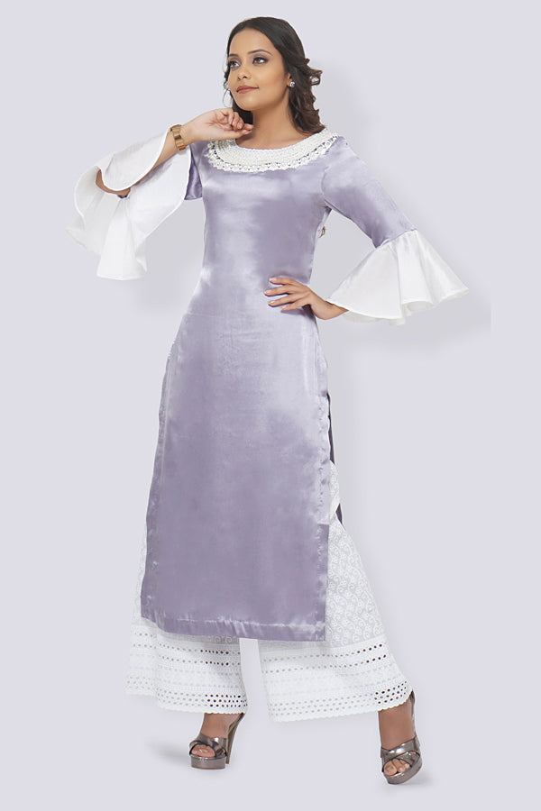 Light Purple Satin Straight Kurti Set