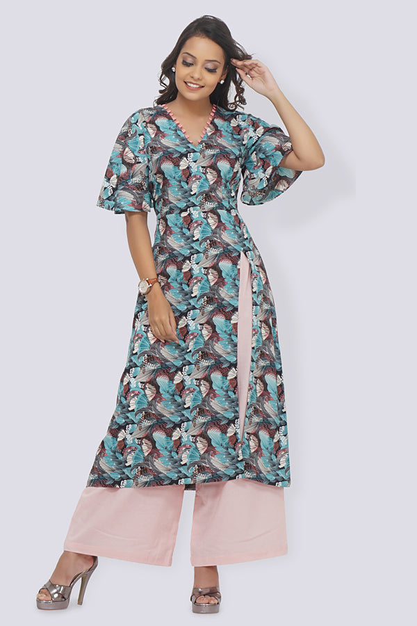Blue Crepe Printed A-Line Kurti