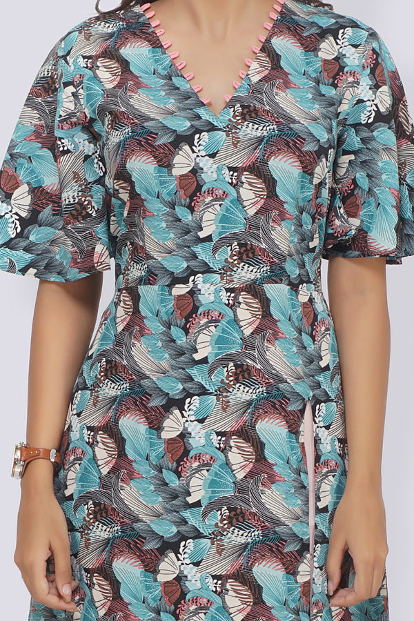 Blue Crepe Printed A-Line Kurti