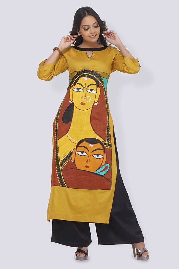 Mustard Cotton Hand-Painted Straight Kurti