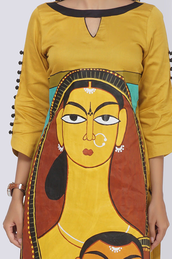 Mustard Cotton Hand-Painted Straight Kurti