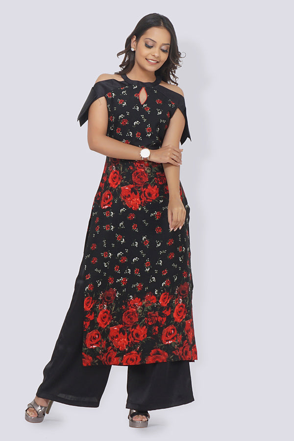 Black Crepe Printed Straight Kurti