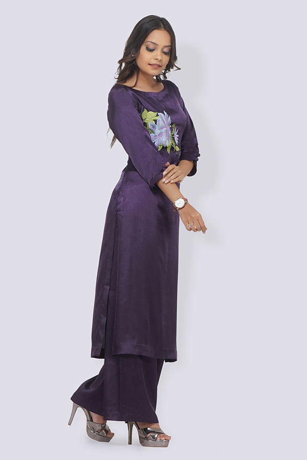 Purple Satin Embroidered Straight Kurti Set