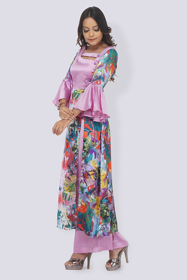 Light Purple Satin Printed A- Line Kurti Set