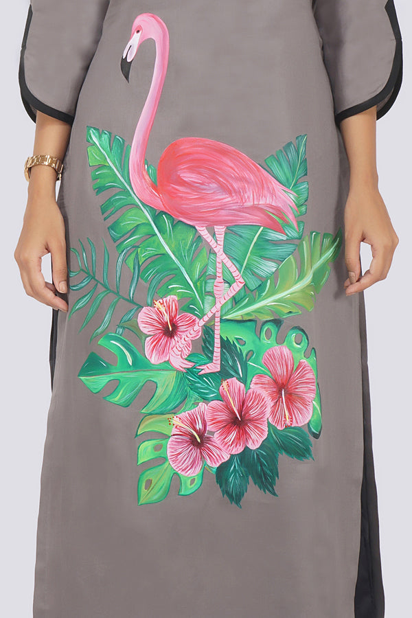 Grey Cotton Hand-Painted Straight Kurti