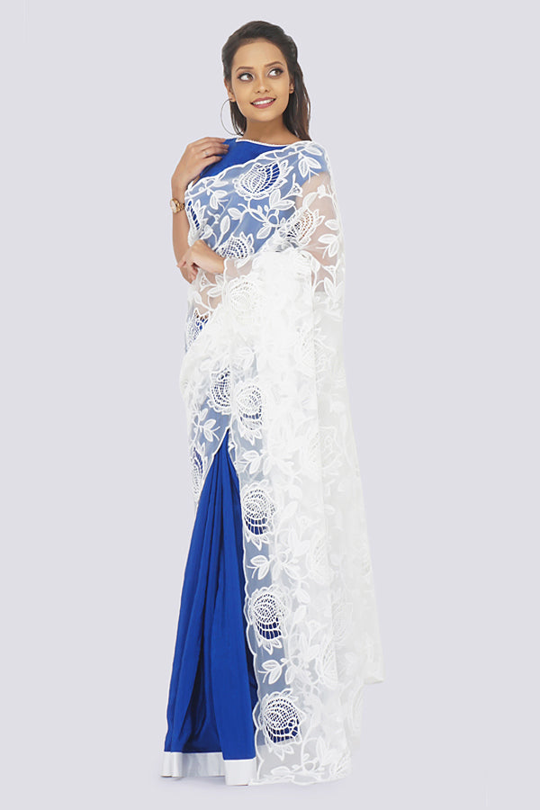 Blue &amp; White Pure Crepe Net Saree