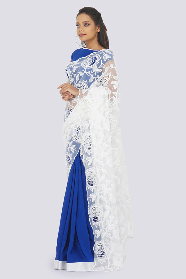 Blue &amp; White Pure Crepe Net Saree