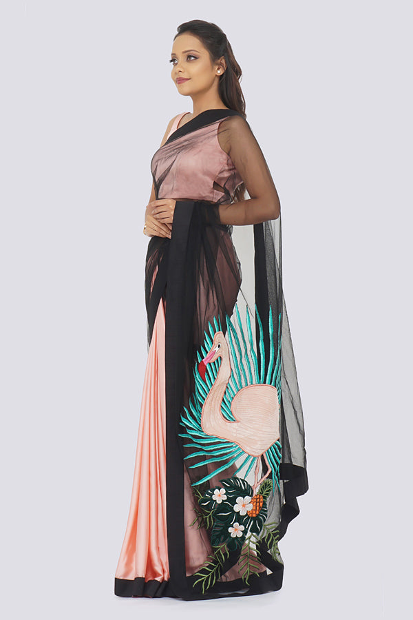 Pastel Peach Satin Embroidered Saree
