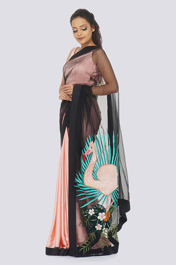 Pastel Peach Satin Embroidered Saree