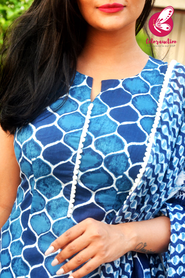 Indigo Blue Cambric Cotton Kurti with White Cotton Full Lining Chikankari Palazzo and Indigo Blue Pure Cotton Dupatta Kurti Set