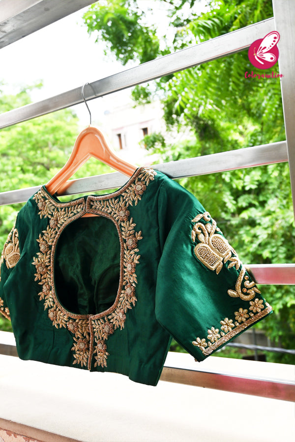 Emerald Green Padded Pure Silk Dabka Zardosi Blouse