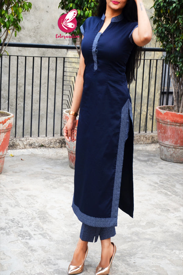 Navy Blue Short Sleeves Cotton Silk Kurti with Printed Navy Blue Cotton Silk Pants Kurti Set
