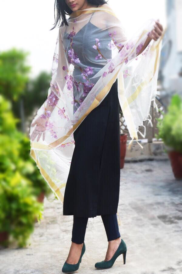 Off White Organza Floral Hand Painted Stole